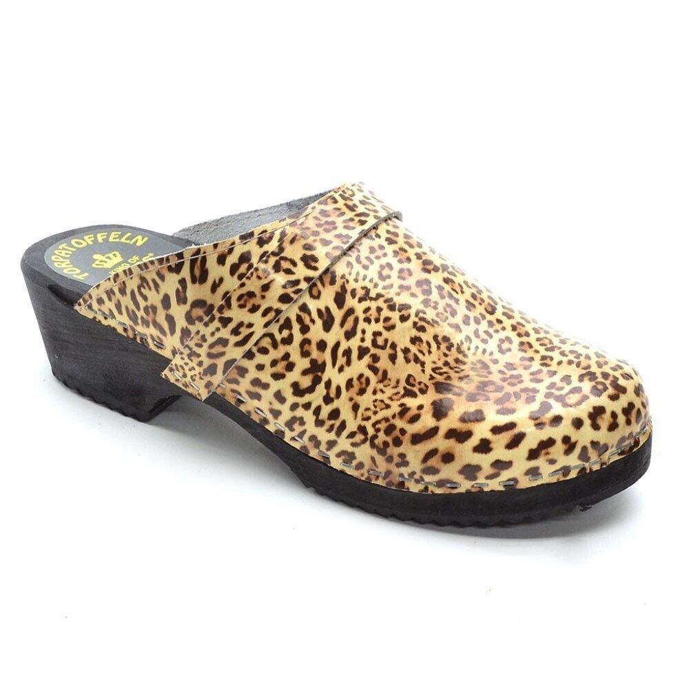 Torpatoffeln Lotta Leopard Print Swedish Wooden Clog 39